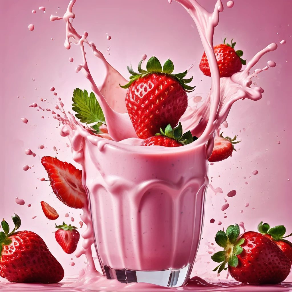 Liquid splashing,Falling Fruit,The photo of the strawberry milk mix expresses visual beauty and appeal.. Bright colors,Mixed with strawberry and milk elements. The drink's core is a mixture of light pink strawberry juice and fresh strawberry pulp.,Surrounded by white milk foam