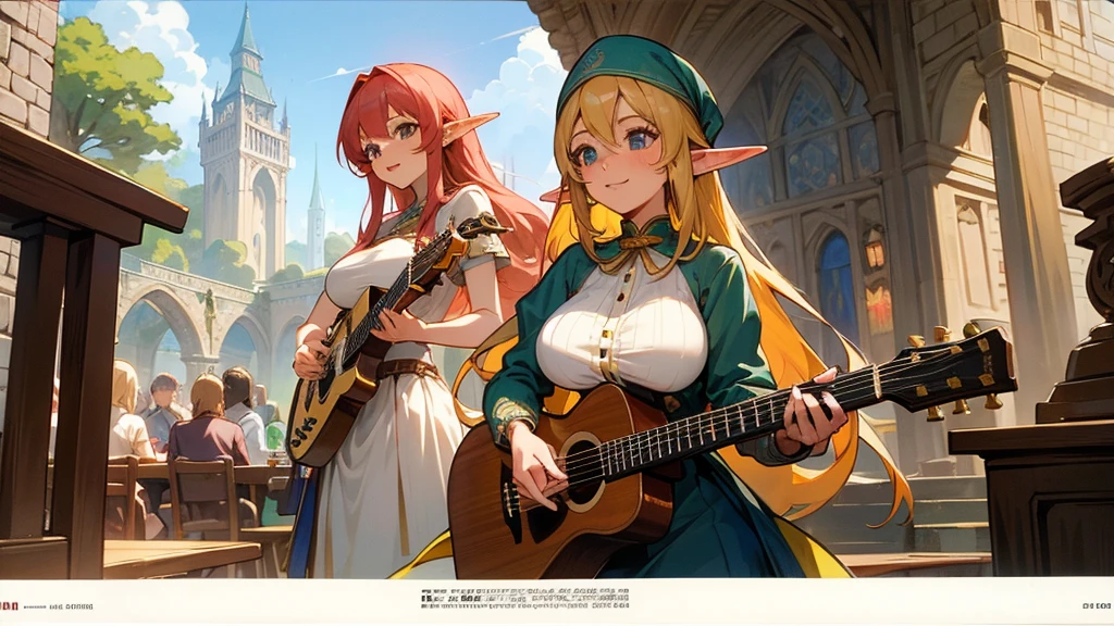 Anime Style,Nostalgic,Detailed background,The medieval world,A lively cafe with lots of people,Smiling bard beautiful elf girl,guitar,Large Breasts,Underarm,Tower of Babel