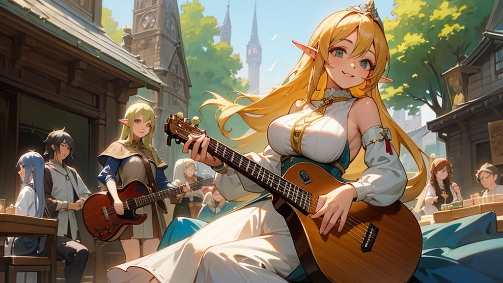 Anime Style,Nostalgic,Detailed background,The medieval world,A lively cafe with lots of people,Smiling bard beautiful elf girl,guitar,Large Breasts,Underarm,Tower of Babel