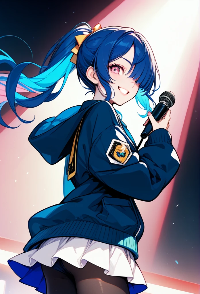 mature woman, mature face, pink eyes, excited expression, excited face, wide smile, glossy lips, ponytail hair, (blue hair color, pink gradient hair color, azure color hair), bangs covering left eye, left blinding bangs hairstyle, mature body, small breasts, dark blue cardigan, short skirt, navy color skirt, pantyhose, idol, stage, holding microphone, (idol pose)