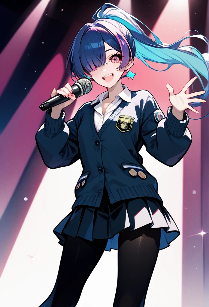 mature woman, mature face, pink eyes, excited expression, excited face, wide smile, glossy lips, ponytail hair, (blue hair color, pink gradient hair color, azure color hair), bangs covering left eye, left blinding bangs hairstyle, mature body, small breasts, dark blue cardigan, short skirt, navy color skirt, pantyhose, idol, stage, holding microphone, (idol pose) 