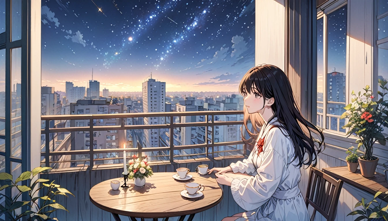 A girl is looking at the stars on the balcony of a high-rise apartment building, there is a table on the balcony, there is a teacup on the table. Dark, candles