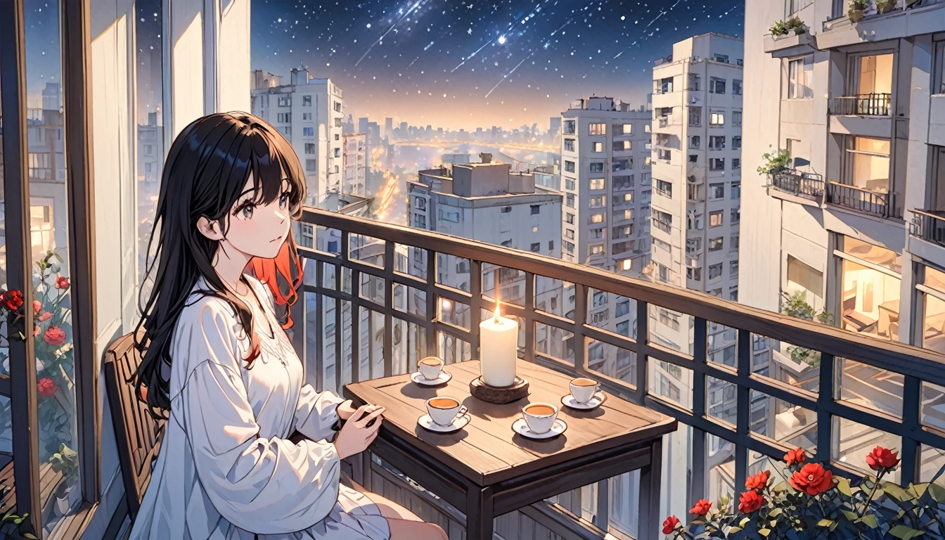 A girl is looking at the stars on the balcony of a high-rise apartment building, there is a table on the balcony, there is a teacup on the table. Dark, candles