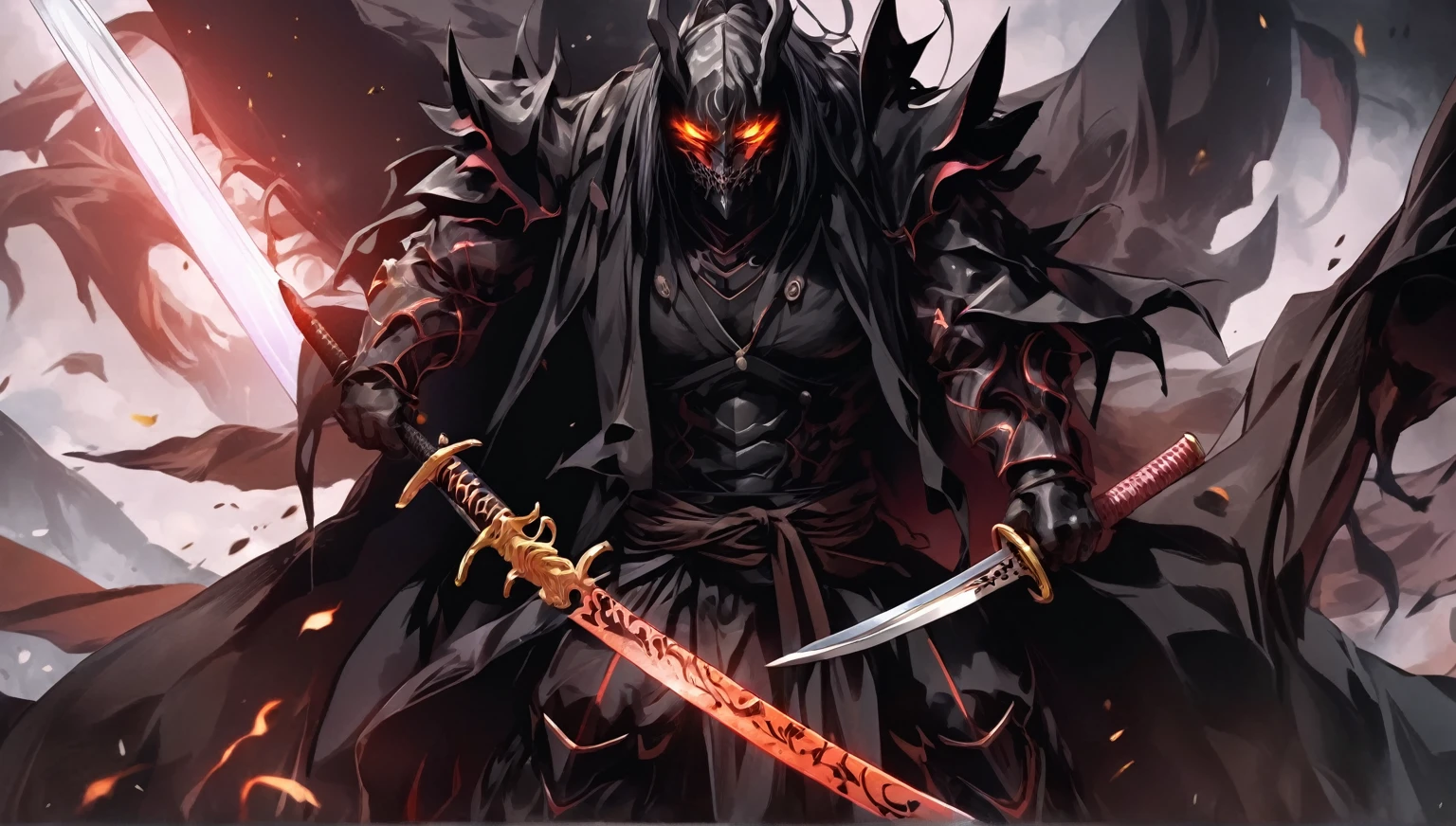 demon mask, sword on the back,close up, black heavy detailed clothes, hand katana, art, dark and malevolent, hand sword, armor, powerful and intimidating, (masterpiece, best quality, ultra-detailed, best shadow), (detailed background, dark fantasy) dramatic light, intricate details, dark and malevolent, powerful and intimidating, Dark and foreboding, malevolent force, sinister and chilling, armor, high detailed background, girl in demon slayer art, demon slayer art style, epic anime art, God death