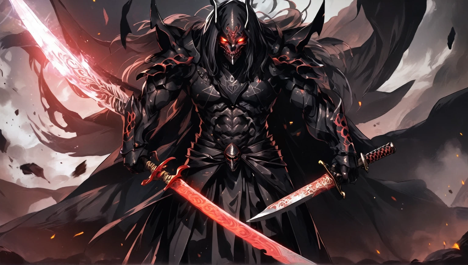 demon mask, sword on the back,close up, black heavy detailed clothes, hand katana, art, dark and malevolent, hand sword, armor, powerful and intimidating, (masterpiece, best quality, ultra-detailed, best shadow), (detailed background, dark fantasy) dramatic light, intricate details, dark and malevolent, powerful and intimidating, Dark and foreboding, malevolent force, sinister and chilling, armor, high detailed background, girl in demon slayer art, demon slayer art style, epic anime art, God death
