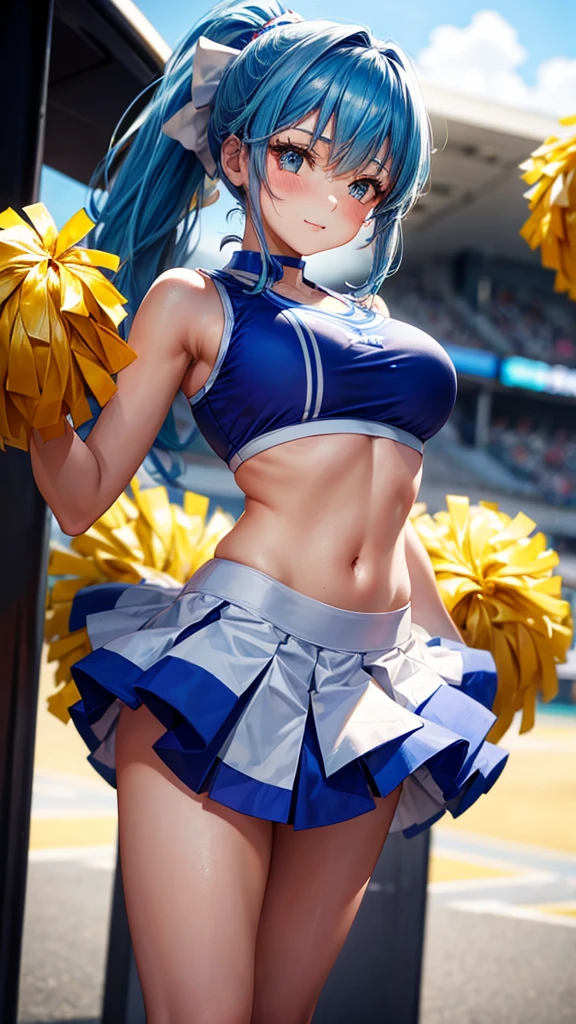 （cheerleaders:1.3）、(stadio:1.5)、(tiny chest:1.4)、Raw photography, top-quality, hight resolution, (​masterpiece), (Photorealsitic:1.4), Anime Cosplay, foco nítido, nffsw, 8K分辨率, intricate detailes, depth of fields, the Extremely Detailed CG Unity 8K Wallpapers, front lit, girl with, Smile、(A slender:1.5)、Wear a baseball cap on your head、see -through、Cheerleading pom-poms in hand、T-back panties are visible、Wearing a yellow sleeveless shirt and blue miniskirt、posterior view、Turn your buttocks