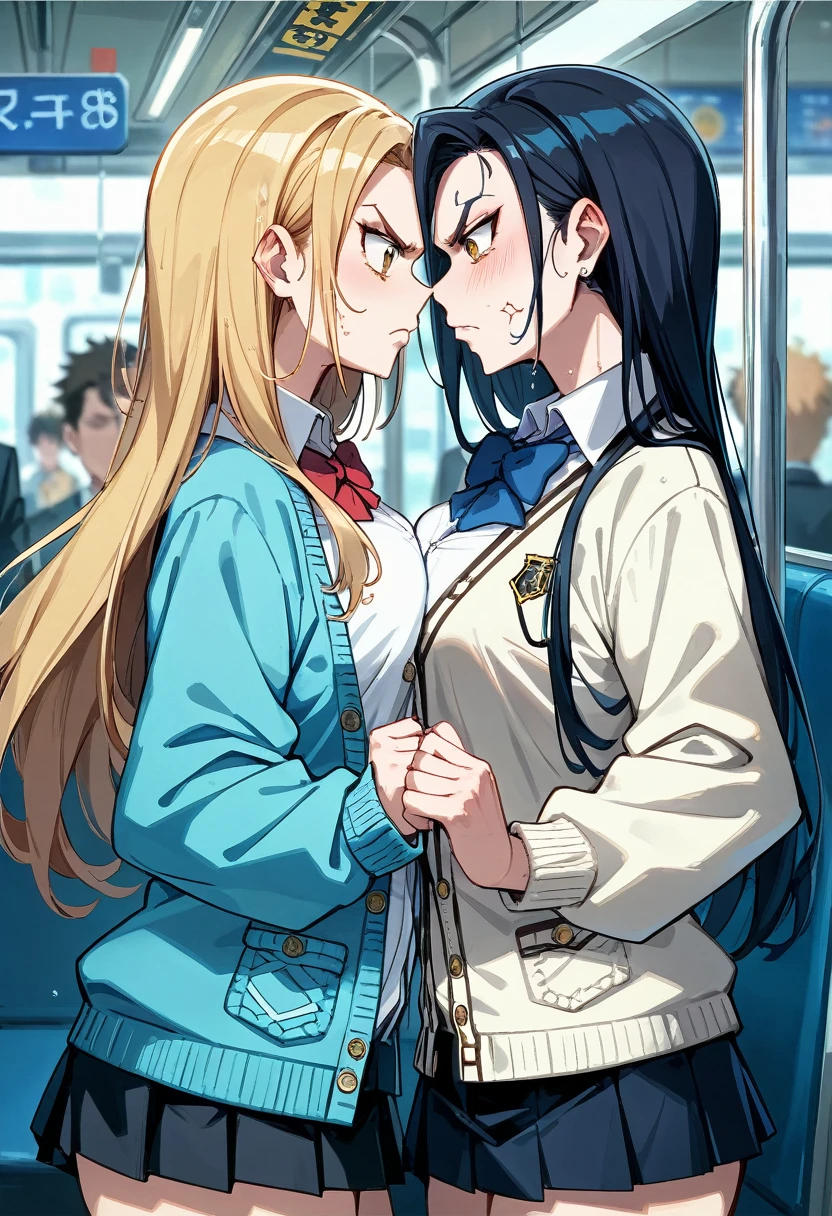 2girls,{{{white cardigan,black mini skirt}}{{back track rich,blonde hair,long hair{{yellow eyes}}{{white cardigan,black mini skirt,red bowtie}},{{back track rich,dark hair,long hair{brown eyes},{{blue cardigan,black mini skirt,Blue tie}}}},People Girls,Frowning,,Starring each other,Face to face,Medium chest,Medium chest,Glaring at each other,Glaring at each other,Mouth half open,sweaty,Breast Matching,blurry background,little angry,{{symmetrical_docking}}Mouth half open,sweaty,blurry background,little angry,{{symmetrical_docking}},{{in train interior}}
