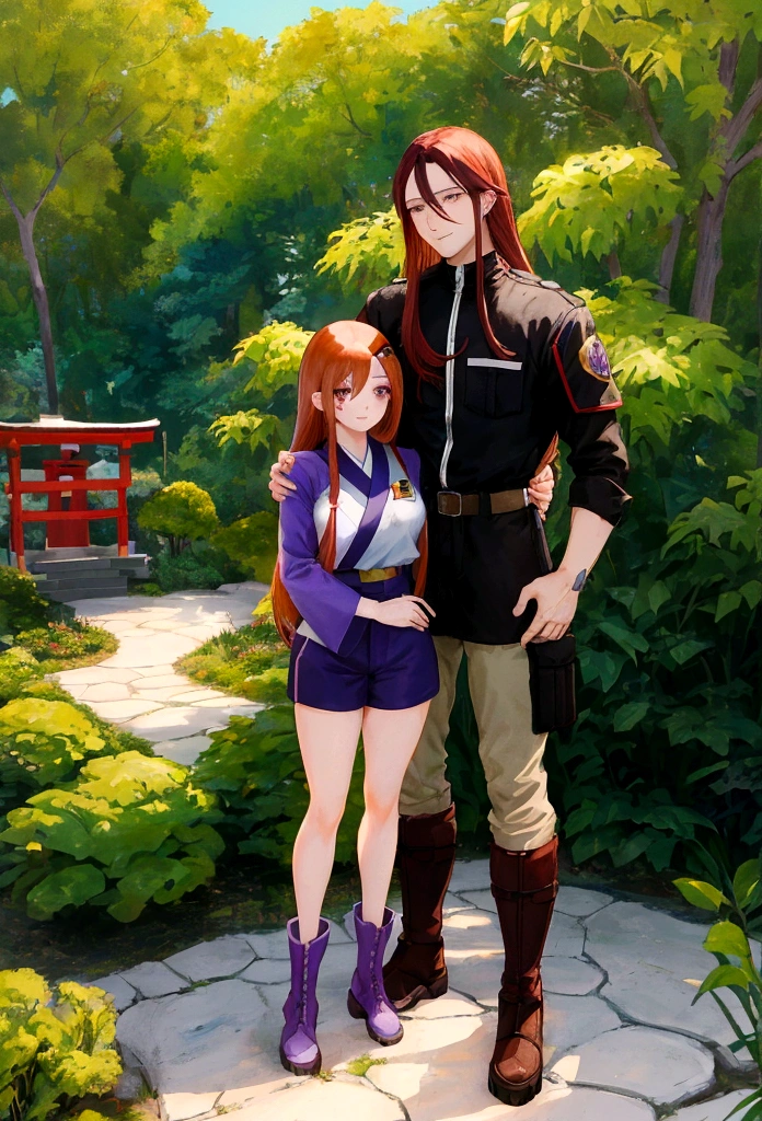 anime, beautiful woman with long bright red hair, black eyes and freckles on her cheeks, wearing purple uniform with shorts and boots, hugging a tall man with brown hair and gray eyes and facing each other, standing in a Japanese garden