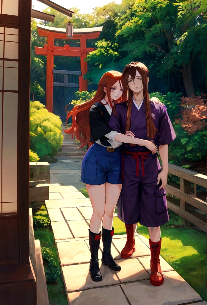 anime, beautiful woman with long bright red hair, black eyes and freckles on her cheeks, wearing purple uniform with shorts and boots, hugging a tall man with brown hair and gray eyes and facing each other, standing in a Japanese garden