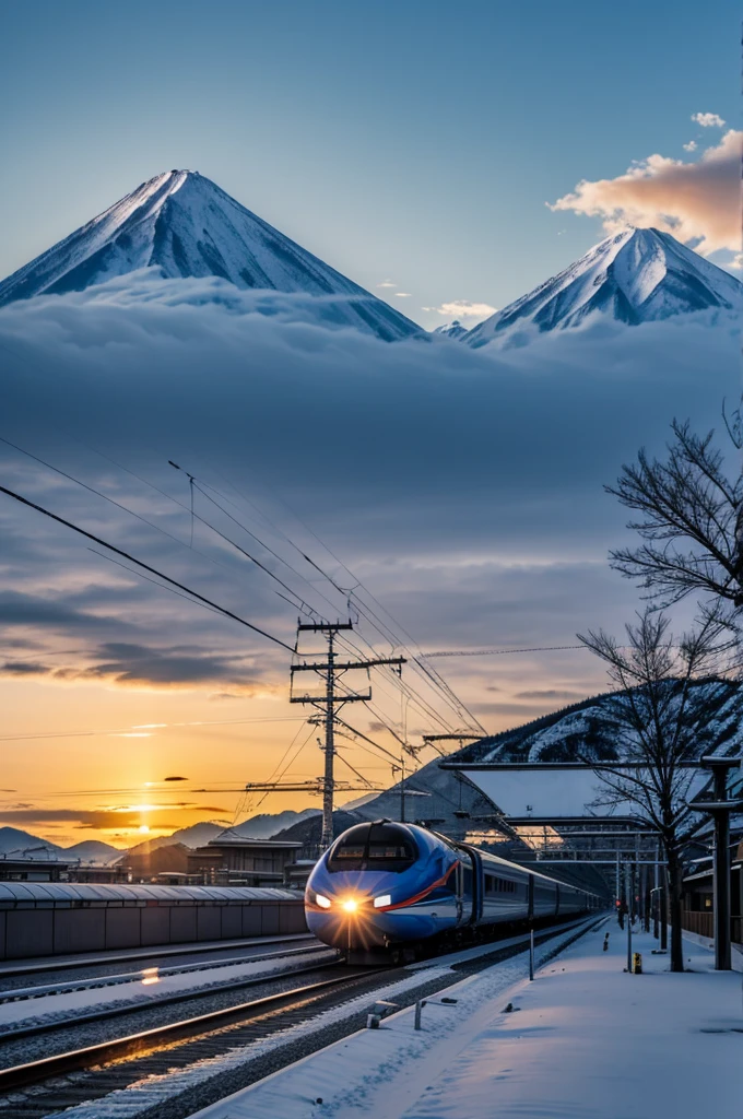 Build a Shinkansen train line Then there was a big mountain in the background and the sun was about to rise.