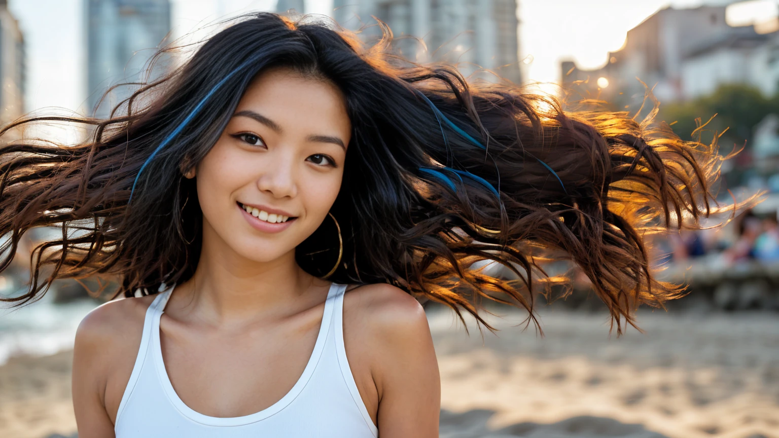 arafed woman with long black hair with deep blue highlights on the beach, flowing black hair, with black hair, photo of a beautiful woman, long flowing black hair, black golden hair, curly black hair, beautiful young asian woman, beautiful asian woman, wild ginger hair, black wispy hair, light black hair, a young asian woman, an asian woman, infp young woman, Portrait photo of a 24-year-old french girl in RAW UHD format (Brown-eyed woman), Details (textures! , Hair! , glistering, Color!! , imperfections: 1.1), DSLR Lighting, SLR camera, Ultra-Quality, sharpness, Film grain (Downtown), Fujifilm XT3, Crystal clear, Frame Center, beatiful face, ((sharp-focus)), bokeh (lit), day time, (open sky), detailed skin pores, oilly skin, suntan, Complex eye details, beautiful face, smiling, (((straddle split))) 