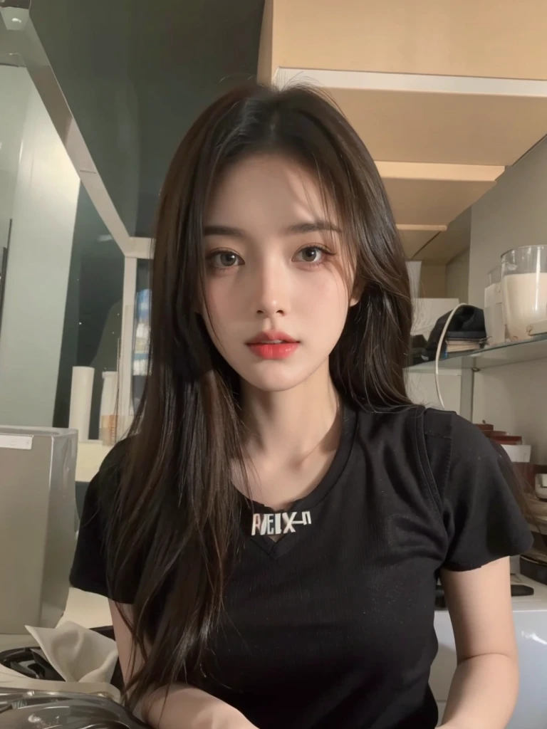(lifelike, high resolution:1.3), 1 girl with a perfect figure, The face shape and eyes are super beautiful,Long hair, Random color vest:1.2, Short jeans, Big ,Showing cleavage