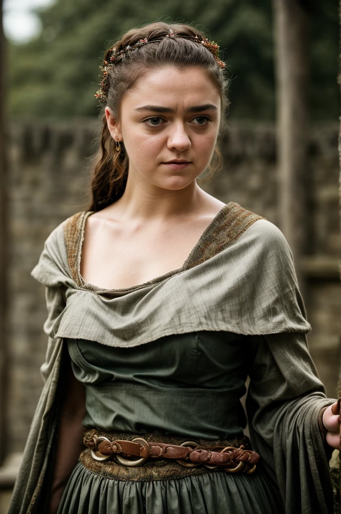 Foto RAW, Arya Stark, Stunning Beauty, Ravishing, Enchantress, Extremely gorgeous lady, Arya Stark PLAYED BY MAISIE WILLIAMS, Queen Arya Stark, she  a mature woman now, milf, sexy mediaeval battle dress, gladiator woman, body, 40 years old Woman, Roman slave dress, cotton dress, busty mediaeval costumes, body revealing costumes, perky breast, big natural breast, erotic costumes, lusty physique, seductive figure can capture every people's attention, Game of thrones costumes, revealing captivating figure, Mediaeval costumes, revealing clothes, A tomboy, she would rather fence than dance, warrior queen , game of thrones screen caps, Game of Thrones Series, (pele altamente detalhada: 1.2), 8k UHD, DSLR, soft-lighting, alta qualidade, grain of film, Fujifilm XT3, flawless picture, highly detailed, detailed Beauty, intricate, 32k, sharp picture,