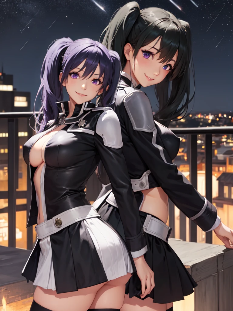 large breasts,show off nipples,masterpiece, best quality, lenalee, purple eyes, twintails, black jacket, black miniskirt, black thighhighs, upper body, looking at viewer, serene smile, city, night, looking at viewer, stars 