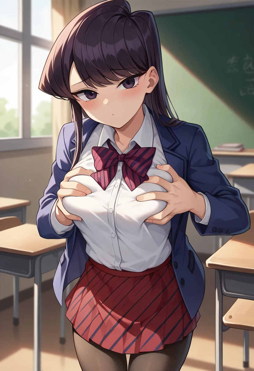 masterpiece, best quality, 1girl, solo, komi-san wa komyushou desu, ks , blue jacket, white shirt, striped bowtie, red skirt, sexy position, medium breasts, cute, black pantyhose, (((Grab your chest with both hands in aggressive way))), looking at viewer, (classroom), cowboy shot