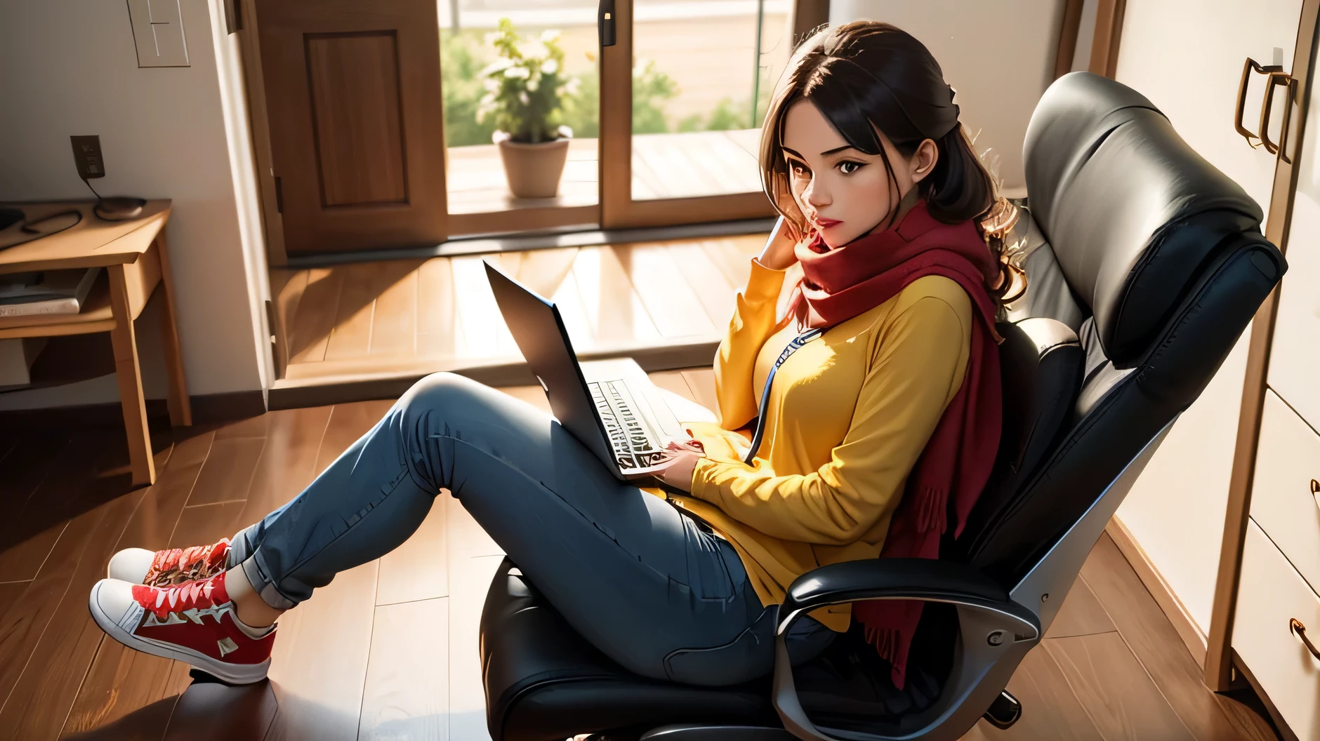 Create a beautiful 30 years old girl , wearing yellow shirt, Blue jeans, Red Scarf, white and red sneakers, sitting on a chair, using laptop
