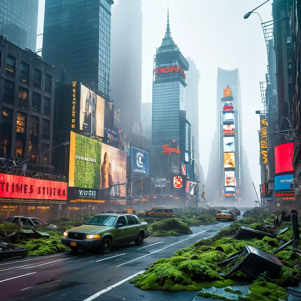 
scenario: Nova York, with the iconic Times Square abandoned for years, with nature invading the famous urban area. The surrounding skyscrapers and buildings are covered in moss and ivy, with broken windows and damaged facades. The neon screens and advertising signs are faded and deteriorated, with some structures fallen to the ground. The streets and sidewalks are cracked and covered in vegetation, with abandoned and rusty cars parked along the roads. A thick fog covers the city, creating an atmosphere of mystery and desolation. The soft light of dawn pierces the fog, illuminating the skyscrapers and highlighting the grandeur of Times Square amidst the decay.

Camera: Low angle panoramic view, capturing the expanse of Times Square and the fog that envelops the place. Soft natural early morning lighting, emphasizing the colors of the moss and plants, as well as the details of the buildings and abandoned streets. Adjust focus to capture fog, adding depth and mystery to the setting.