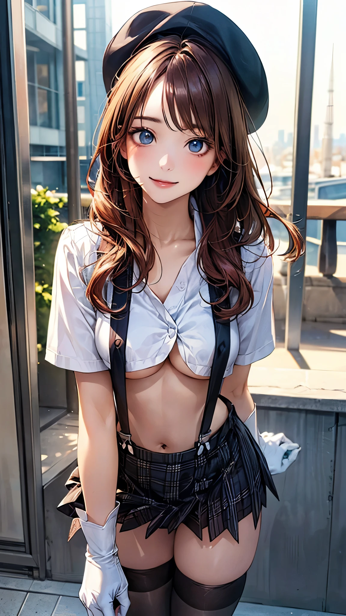 (masterpiece:1.2, top-quality), (realistic, photorealistic:1.4), beautiful illustration, (natural side lighting, movie lighting), nsfw,
looking at viewer, 1 girl, japanese, high school girl, ((girl with a sparrow on her hand)), perfect face, cute and symmetrical face, shiny skin,
(middle hair, straight hair:1.2, light browm hair), swept bangs, blue eyes, long eye lasher, (medium breasts), slender, dark red hair ribbon,
beautiful hair, beautiful face, beautiful detailed eyes, beautiful clavicle, beautiful body, beautiful chest, beautiful thigh, beautiful legs, beautiful fingers,
(cabbie hat, open clothes, underboob, suspenders, plaid skirt, thighhighs, white gloves),
(beautiful scenery), evening, (city), standing, leaning forward, (lovely smile, open mouse slightly),