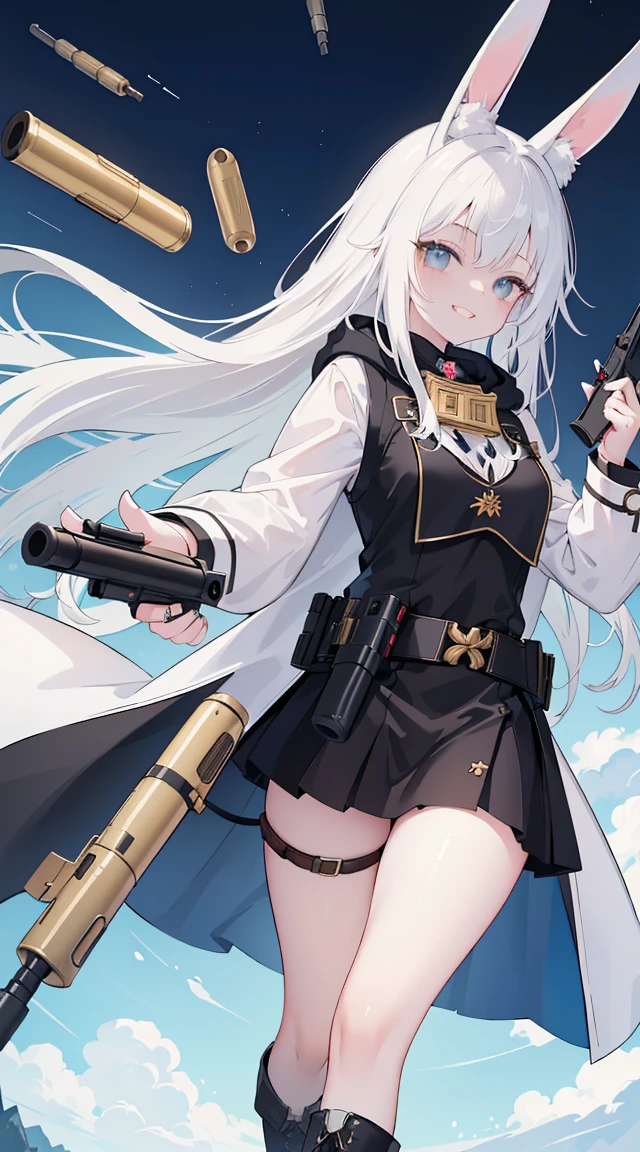 {{{masterpiece}}}, {{{best quality}}}, rating:safe, 1girl, gloves, long_hair, white_gloves, solo, silver_hair, smile, brown_eyes, skirt, looking_at_viewer, breasts