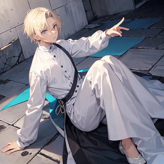 Male character, blond hair, silver eyes, wearing a white long-sleeved shirt.