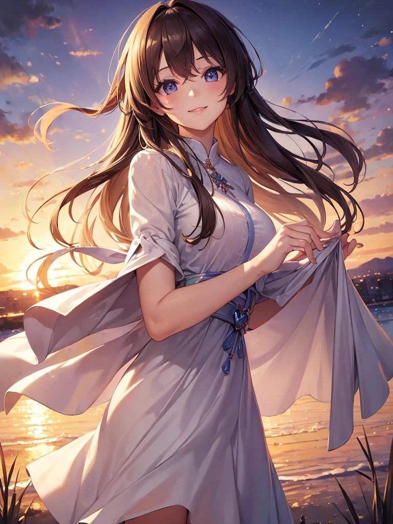 (masterpiece:1.5),(Beat quality),(high res),1girl solo,beautiful face,smile(shining eyes),light effects,Tailored fit dress for women,sunset