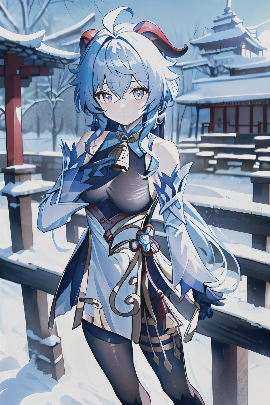 ganyu\(genshin impact\), 1girl, ahoge, architecture, bangs, bare shoulders, bell, black gloves, black tights, ((blue hair), blush, breasts, chinese knot, sleeve, East Asian architecture, flower knot, glove, horn, long hair, looking at the audience, medium chest, neckbell, night, outdoor, pantyhose, purple eyes, sideburns, solo, tassels, white sleeves, ((masterpiece))