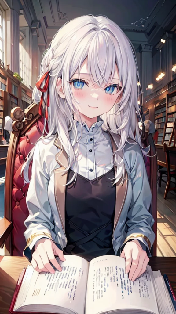 1girl, long white hair, blue pupils, Wearing a , Sitting in a chair while reading a book, library, smiling, {{detail illustration}}