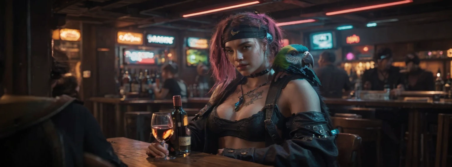 A young pirate woman drinking wine in a Cyberpunk bar, she has a parrot on shoulder