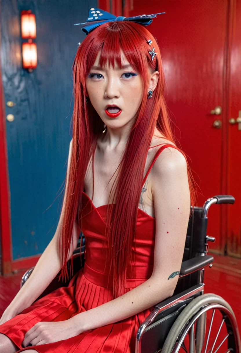 Uhd, photo of Cami, subject: Noriko, 1/2 Japanese 1/2 Hainu skinny girl in a 2/0 large wheelchair with long red hair and fringe, blue+++ eyes, oval face, LGBTQIA+, queer, punk style, wearing (long red dress), buttefly hairclip, tattooes.  She has a very angry facial expression and looks towards the camera.. She is screaming and walking. Background: red room.