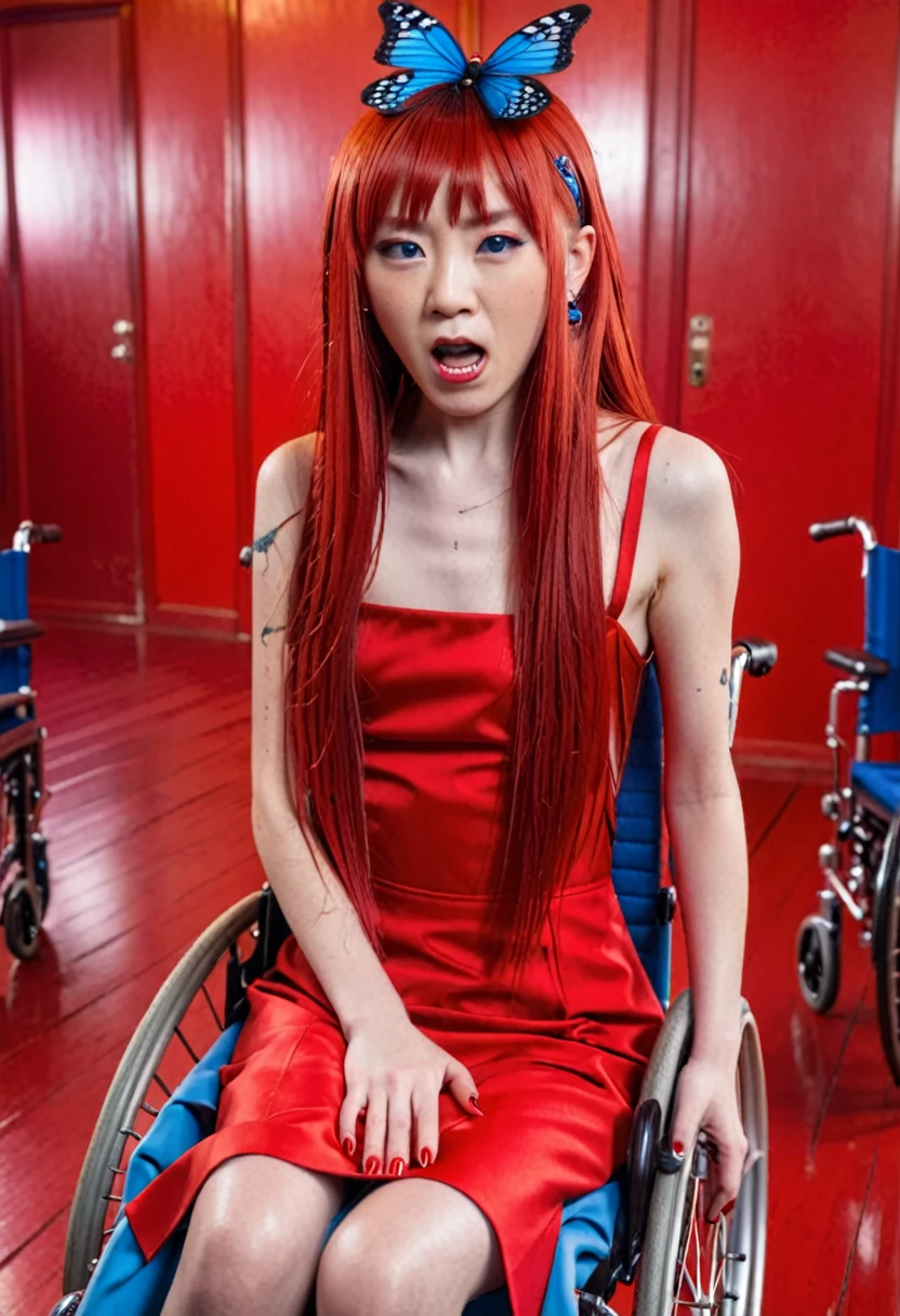 Uhd, photo of Cami, subject: Noriko, 1/2 Japanese 1/2 Hainu skinny girl in a 2/0 large wheelchair with long red hair and fringe, blue+++ eyes, oval face, LGBTQIA+, queer, punk style, wearing (long red dress), buttefly hairclip, tattooes.  She has a very angry facial expression and looks towards the camera.. She is screaming and walking. Background: red room.