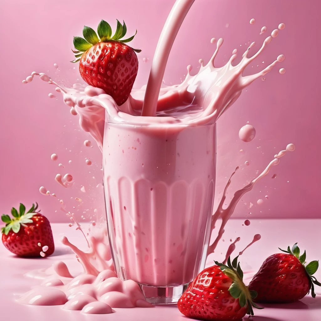 Liquid splashing,Falling Fruit,The photo of the strawberry milk mix expresses visual beauty and appeal.. Bright colors,Mixed with strawberry and milk elements. The drink&#39;s core is a mixture of light pink strawberry juice and fresh strawberry pulp.,Surrounded by white milk foam 