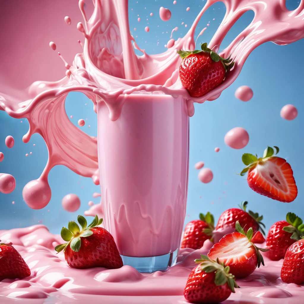 Liquid splashing,Falling Fruit,The photo of the strawberry milk mix expresses visual beauty and appeal.. Bright colors,Mixed with strawberry and milk elements. The drink&#39;s core is a mixture of light pink strawberry juice and fresh strawberry pulp.,Surrounded by white milk foam 