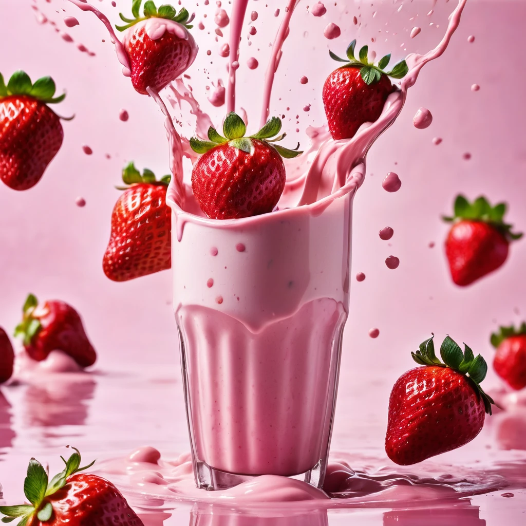 Liquid splashing,Falling Fruit,The photo of the strawberry milk mix expresses visual beauty and appeal.. Bright colors,Mixed with strawberry and milk elements. The drink&#39;s core is a mixture of light pink strawberry juice and fresh strawberry pulp.,Surrounded by white milk foam 