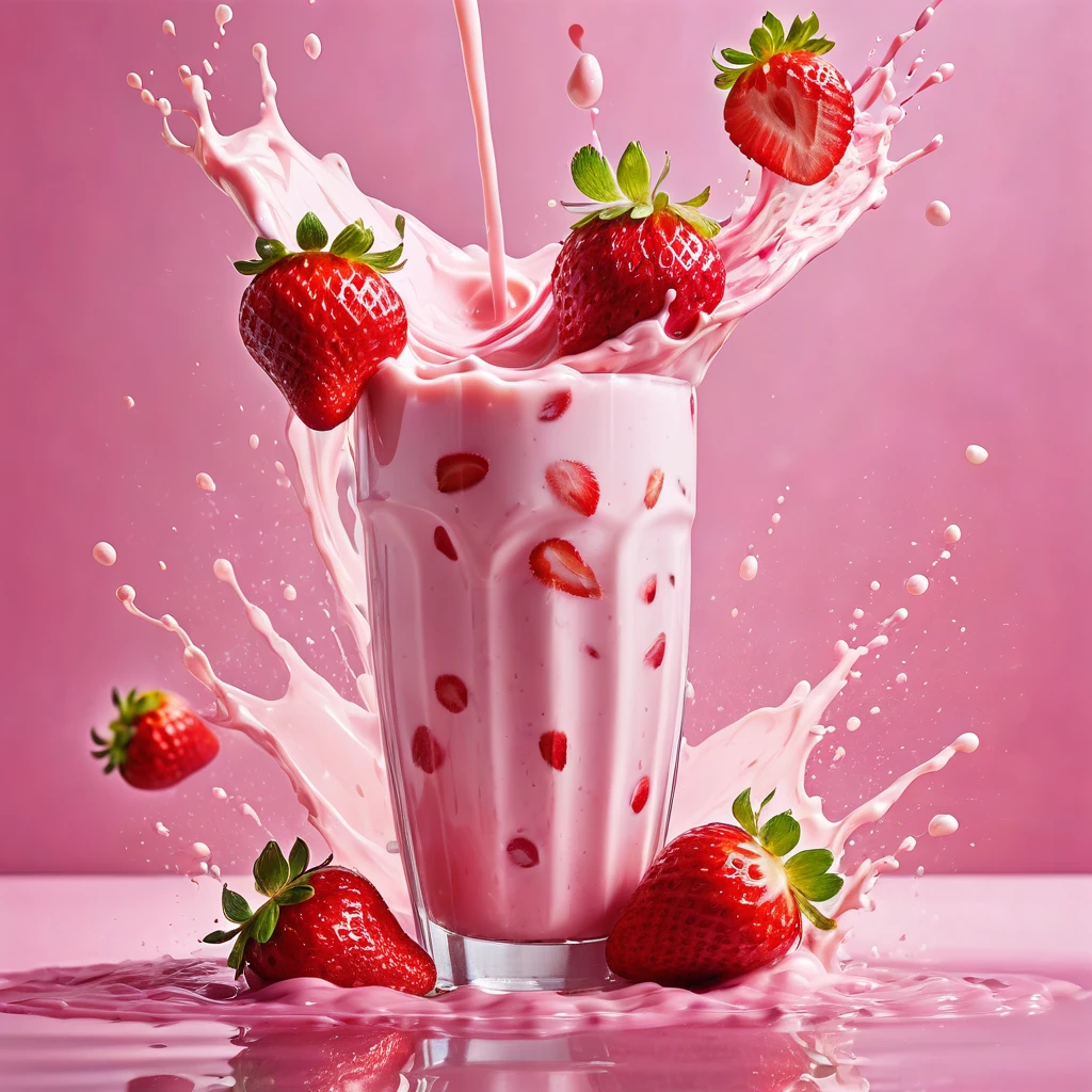 Liquid splashing,Falling Fruit,The photo of the strawberry milk mix expresses visual beauty and appeal.. Bright colors,Mixed with strawberry and milk elements. The drink&#39;s core is a mixture of light pink strawberry juice and fresh strawberry pulp.,Surrounded by white milk foam 