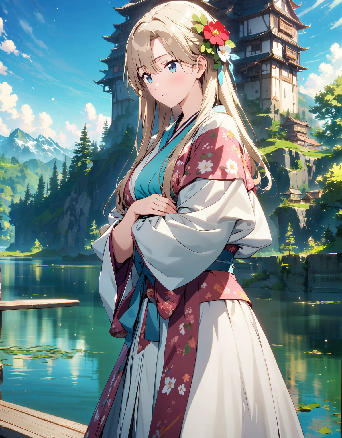 (超detailedなイラスト:1.2),Very delicate and beautiful，非常にdetailed，CG，Unity，8k wallpaper，wonderful，detailed，masterpiece，The best quality in the best condition，Official Art，非常にdetailed CG 8k Unbelievably ridiculous resolution,Beautiful and exquisite,High resolution，非常にdetailedな目と顔,Anime girl in a kimono standing on a bridge overlooking a lake, 