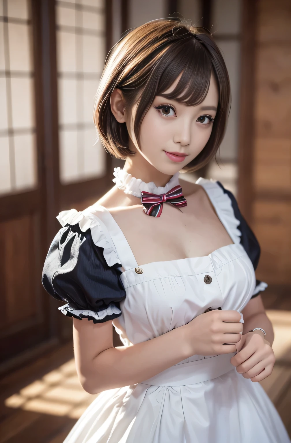 ((SFW: 1.4)), ((SFW, Super Short Hair, side lock hair, One girl)), smile、Ultra-high resolution, (Realistic: 1.4), RAW Photos, Highest quality, (PhotoRealistic Stick), concentrated, Soft Light, ((18-year-old)), ((Japanese)), (( (Young Face))), (surface), (Depth of written boundary), masterpiece, (Realistic), Highly detailed wearing (( Maid outfit with frills and ribbons)), bangs, ((1 Girl)),(bust:1.5)
