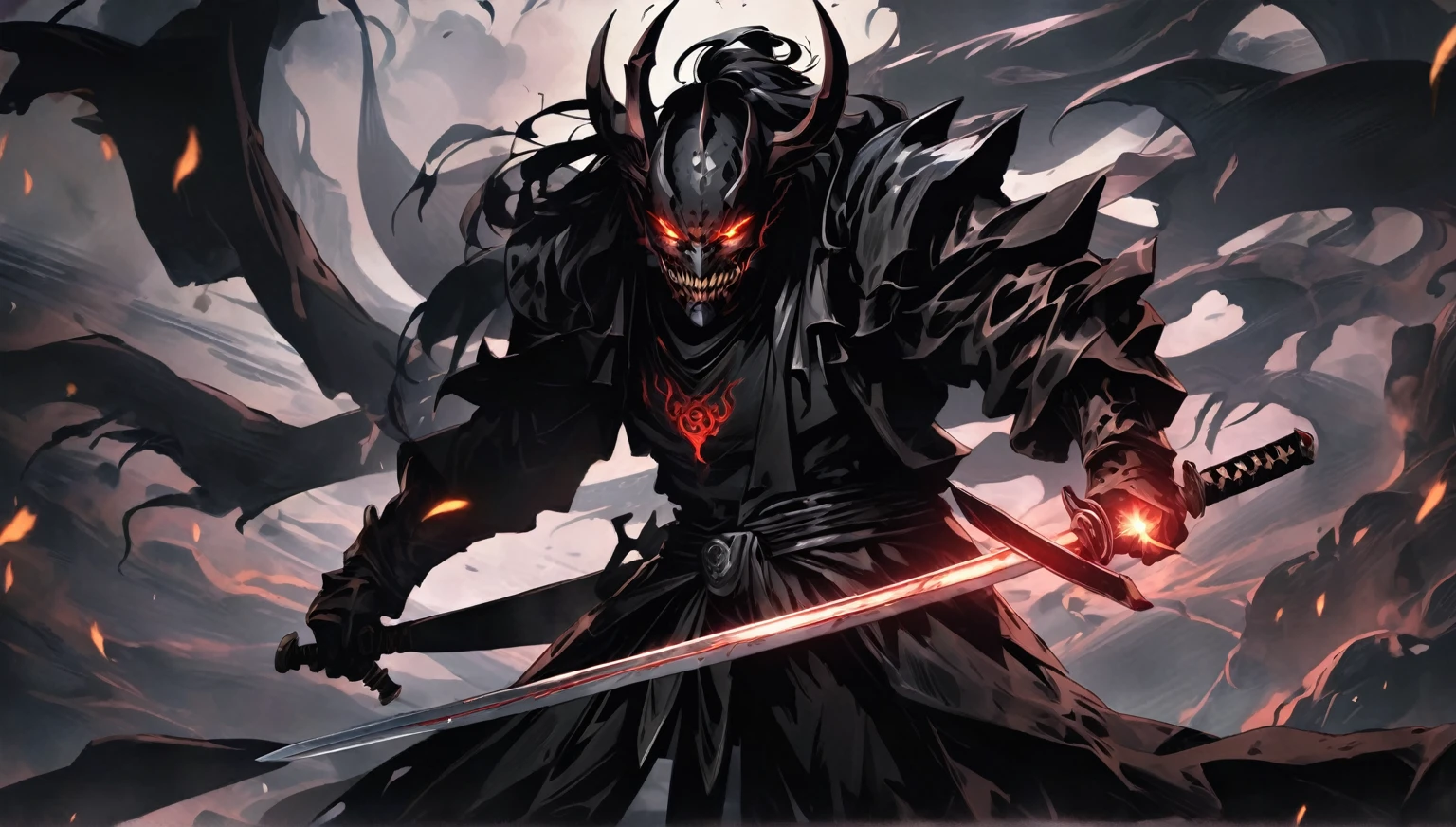 demon mask, sword on the back,close up, black heavy detailed clothes, strong aura effects, bright katana, art, dark and malevolent, hand sword, armor, powerful and intimidating, (masterpiece, best quality, ultra-detailed, best shadow), (detailed background, dark fantasy) dramatic light, intricate details, dark and malevolent, powerful and intimidating, Dark and foreboding, malevolent force, sinister and chilling, armor, high detailed background, girl in demon slayer art, demon slayer art style, epic anime art, God death