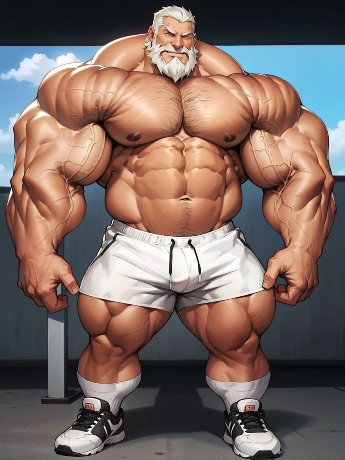 Gym posters design. solo, 1boy, perfect anatomy, ground view, wrinkles skin, low shoot, down view, perfect proportion, thick body, thick thighs, sharp eyes, big eyes, smile, perfect fingers, big hand, fingers. Huge Muscular Old man with short hair, shoes ,(white shorts), view from side, pectoral, thick arms, huge pectoral, wide pectoral, white hair, white beards, simple background, masterpiece, semirealistic:1.2, high detailed, 8k, high resolution, perfect center, full view. ((really big muscle, massive muscular, sixpack, thick arms, wide pectoral, super huge muscle, hyper muscular, over sized muscle, huge arms, big arms, huge pectoral))