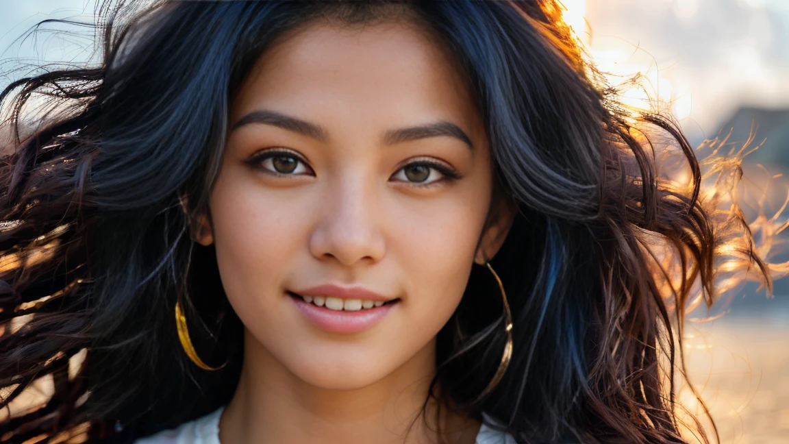 arafed woman with long black hair with deep blue highlights on the beach, flowing black hair, with black hair, photo of a beautiful woman, long flowing black hair, black golden hair, curly black hair, beautiful young asian woman, beautiful asian woman, wild ginger hair, black wispy hair, light black hair, a young asian woman, an asian woman, infp young woman, Portrait photo of a 24-year-old french girl in RAW UHD format (Brown-eyed woman), Details (textures! , Hair! , glistering, Color!! , imperfections: 1.1), DSLR Lighting, SLR camera, Ultra-Quality, sharpness, Film grain (Downtown), Fujifilm XT3, Crystal clear, Frame Center, beatiful face, ((sharp-focus)), bokeh (lit), day time, (open sky), detailed skin pores, oilly skin, suntan, Complex eye details, beautiful face, smiling, (((straddle split))) , (((front split)))