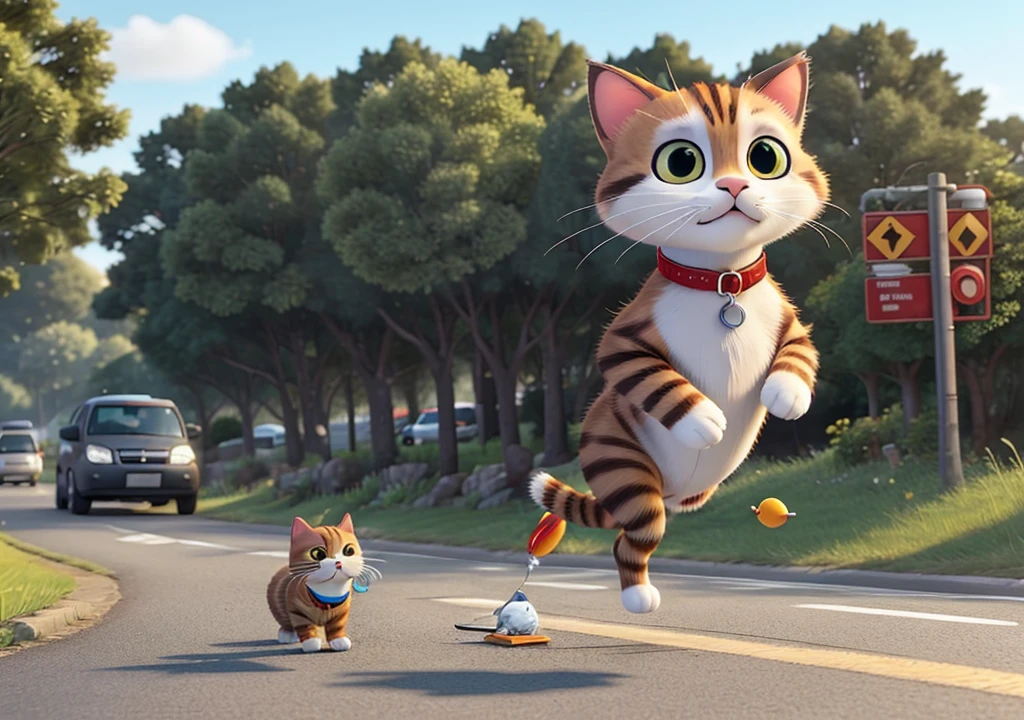 Create a video scene of a cat running on a busy road. The cat is holding a fish in its mouth. Must fish should be in cat's moith. Make sure the road is bustling with traffic, and the cat navigates skillfully between the vehicles.