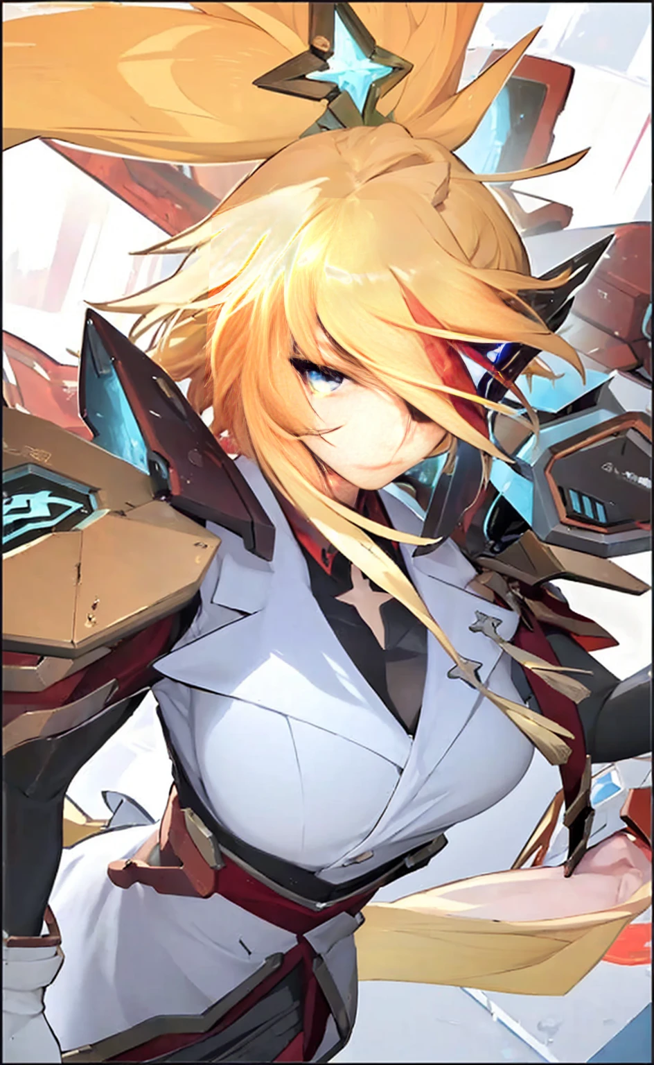 ((Best quality, 8k, Masterpiece :1.3)), upper body, Sharp focus:1.2, Beautiful woman with perfect digure, Highly detailed facial and skin textur le, Detailed eyes, Fouble eyelids, Interior view, flerpect lighting, Glowing skin, high breasts, blonde hair, long hair