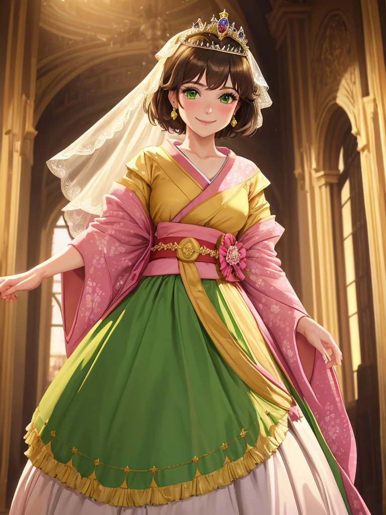 masterpiece, best quality:1.2), 1girl, smile, looking at viewer, green eyes, short brown hair, princess, princess dress, wearing puffy pink ballgown skirt reaching the floor, green kimono, golden tiara with veil, standing in ballroom of medieval castle