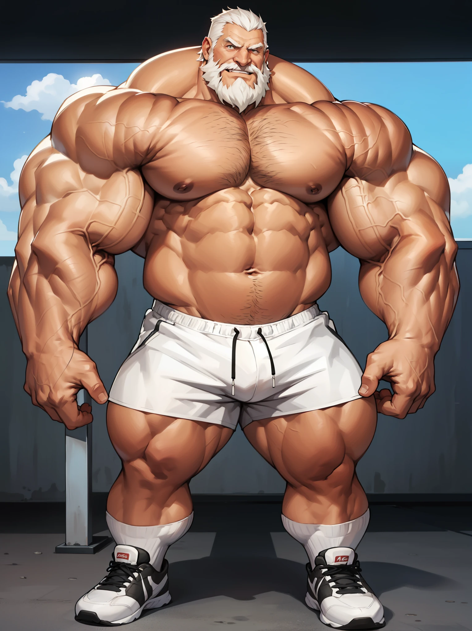 Gym posters design. solo, 1boy, perfect anatomy, ground view, wrinkles skin, low shoot, down view, perfect proportion, thick body, thick thighs, sharp eyes, big eyes, smile, perfect fingers, big hand, fingers. Huge Muscular Old man with short hair, shoes ,(white shorts), view from side, pectoral, thick arms, huge pectoral, wide pectoral, white hair, white beards, simple background, masterpiece, semirealistic:1.2, high detailed, 8k, high resolution, perfect center, full view. ((really big muscle, massive muscular, sixpack, thick arms, wide pectoral, super huge muscle, hyper muscular, over sized muscle, huge arms, big arms, huge pectoral))