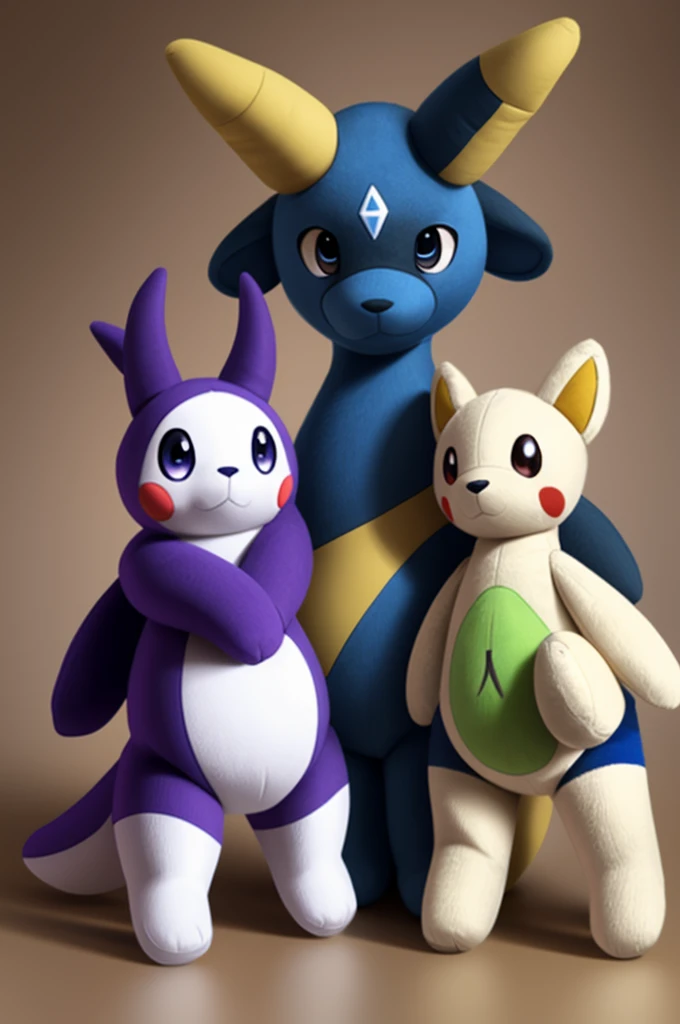 Photorealistic plushie fursuit Indeedee is a dark purple and white bipedal Pokémon that has a white face, rounded head and pear-shaped bodies, and white hands and feet with three digits on each of them. Upward-turned spiral horns, blue markings in-between their eyes, a generally more navy body, and more white around the legs.