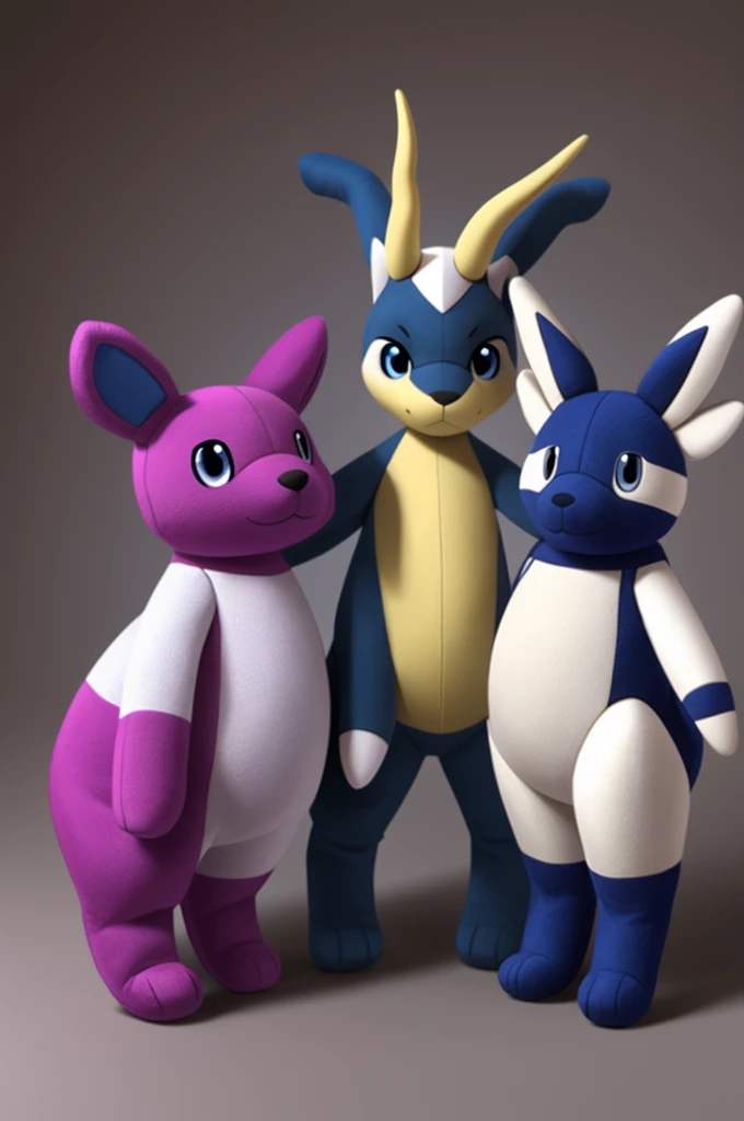 Photorealistic plushie fursuit Indeedee is a dark purple and white bipedal Pokémon that has a white face, rounded head and pear-shaped bodies, and white hands and feet with three digits on each of them. Upward-turned spiral horns, blue markings in-between their eyes, a generally more navy body, and more white around the legs.