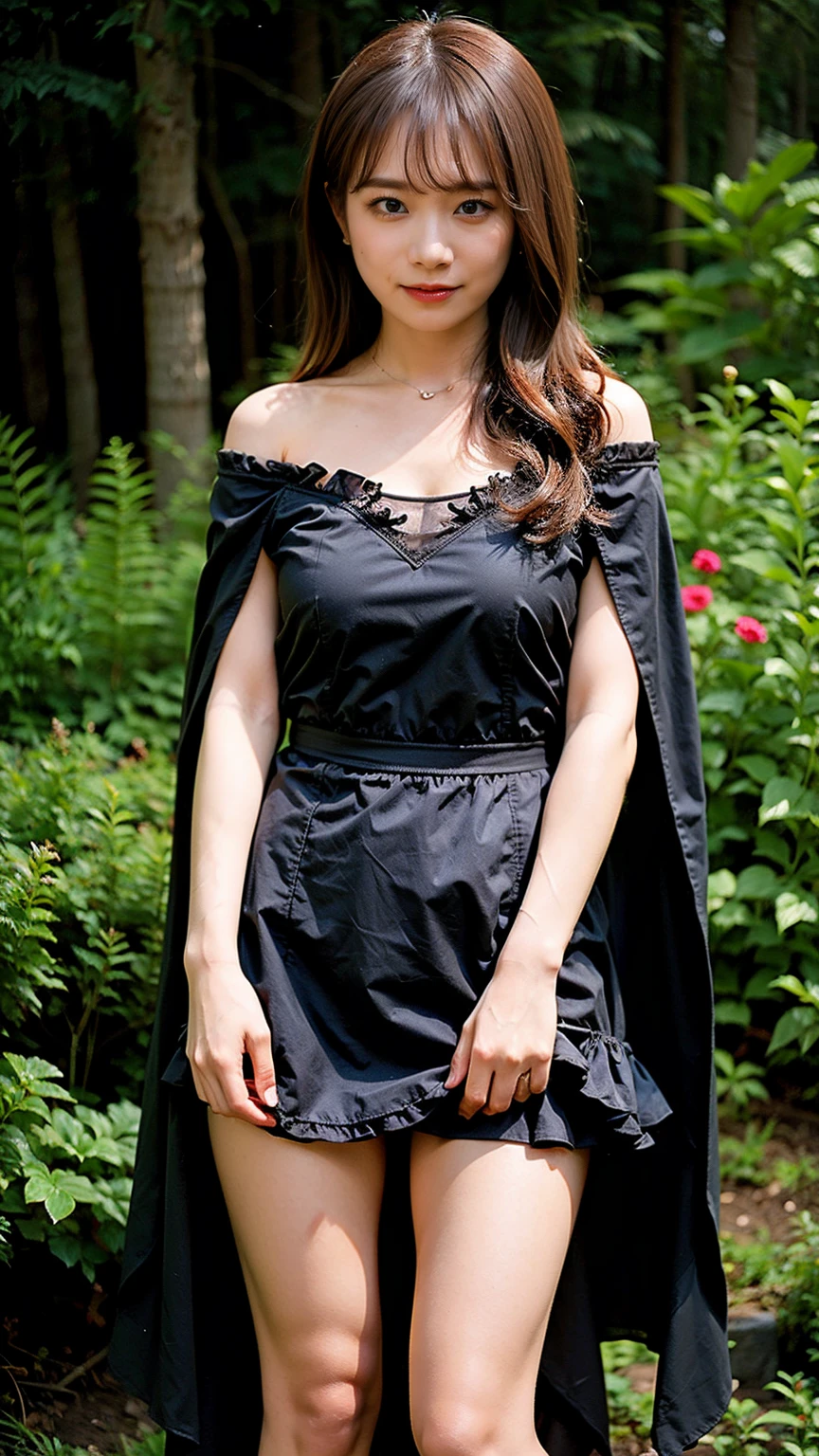 (8K、RAW Photos、Highest quality、masterpiece:1.2)、(Realistic、Realistic)、1 Girl、((black and white mini skirt、smile、short hair、Frills、Off the shoulder、belly button、Cape、Black dress、whole body、See-through、boots、chest emphasis、whole body、garden、View from the front、Looking into the camera、Stand with hands on hips))、