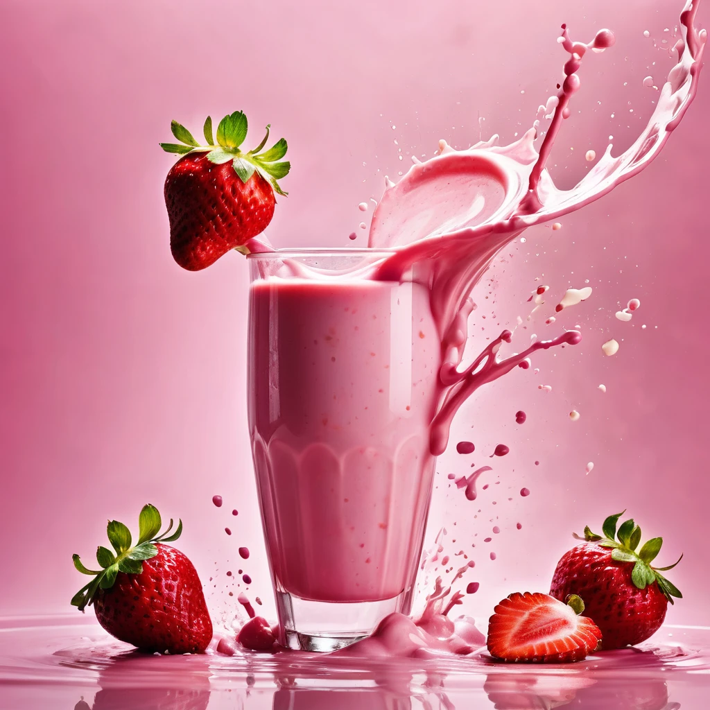 Liquid splashing,Falling Fruit,The photo of the strawberry milk mix expresses visual beauty and appeal.. Bright colors,Mixed with strawberry and milk elements. The drink&#39;s core is a mixture of light pink strawberry juice and fresh strawberry pulp.,Surrounded by white milk foam 