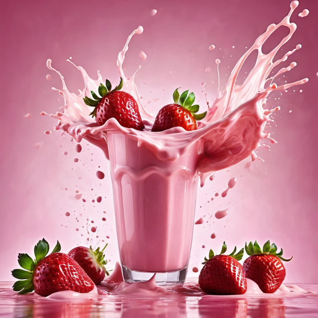 Liquid splashing,Falling Fruit,The photo of the strawberry milk mix expresses visual beauty and appeal.. Bright colors,Mixed with strawberry and milk elements. The drink&#39;s core is a mixture of light pink strawberry juice and fresh strawberry pulp.,Surrounded by white milk foam 