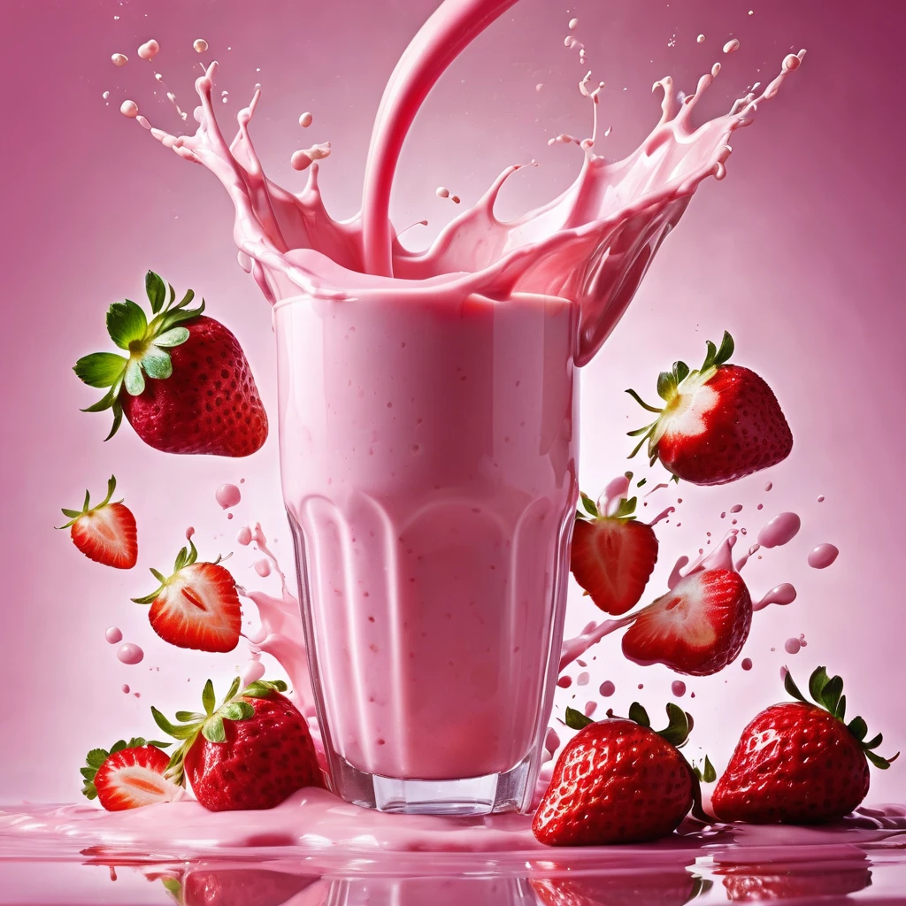 Liquid splashing,Falling Fruit,The photo of the strawberry milk mix expresses visual beauty and appeal.. Bright colors,Mixed with strawberry and milk elements. The drink&#39;s core is a mixture of light pink strawberry juice and fresh strawberry pulp.,Surrounded by white milk foam 