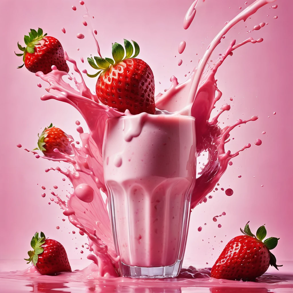 Liquid splashing,Falling Fruit,The photo of the strawberry milk mix expresses visual beauty and appeal.. Bright colors,Mixed with strawberry and milk elements. The drink&#39;s core is a mixture of light pink strawberry juice and fresh strawberry pulp.,Surrounded by white milk foam 